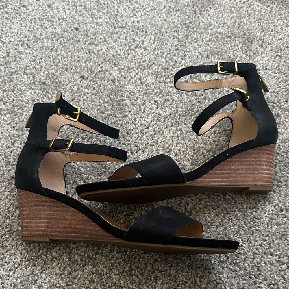 Franco Sarto Black Open-Toe Ankle-Strap low wedge sandal - Picture 2 of 5